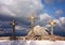 Via Crucis in Urkiola mountains at the winter with stone crosses