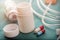 Vial and boat of medicines in a table of a hospital