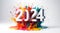 Vibrant 2024 New Year Celebration, Colorful Paint Explosion with 3D Numbers and Festive Abstract Art