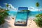 Vibrant 3D beach scene Isometric view, phone, palms, ocean   an idyllic paradise
