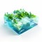 Vibrant 3d Image: Water And Trees In Transparent Block Of Artificial World