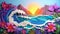 Vibrant 3d paper cut art trendy summer beach collage crafted with colorful scrapbook paper