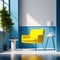 Vibrant 3D Render: Bright Yellow Armchair in an Unoccupied Blue Room