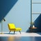 Vibrant 3D Render: Bright Yellow Armchair in an Unoccupied Blue Room