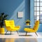 Vibrant 3D Render: Bright Yellow Armchair in an Unoccupied Blue Room