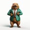 Vibrant 3d Rendered Groundhog In Green Suit - Hyper-realistic Animal Illustration