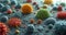 Vibrant 3D rendering of a microscopic world, showcasing a variety of colorful, textured spheres on a dark background