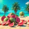 Vibrant 3D rendering of a summer beach scene with a pile of freshly-picked watermelons