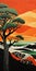 Vibrant Acacia Sunset Painting In Colorful Woodcarving Style