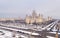 Vibrant aerial panorama of winter campus of famous Russian university with snowed trees in Moscow