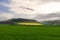 Vibrant agricultural patchwork glowing rapeseed amidst dormant earth, beneath lively cloud play