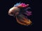 Vibrant AI-generated underwater art with hyper-realistic sci-fi style, realistic fish portraits, saturated colors, light crimson &