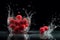 Vibrant AI generator illustration of red raspberries in splashing water