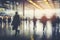 In the vibrant airport ambiance, a blur of people creates a dynamic backdrop, skillfully out of focus