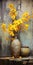 Vibrant Antique Metallic Vases With Yellow Orchids On Rustic Wooden Bench