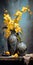 Vibrant Antique Metallic Vases With Yellow Orchids On Rustic Wooden Bench