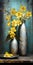 Vibrant Antique Metallic Vases With Yellow Orchids On Rustic Wooden Bench