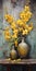 Vibrant Antique Metallic Vases With Yellow Orchids On Rustic Wooden Bench