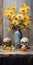 Vibrant Antique Metallic Vases With Yellow Orchids And Skulls