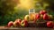 vibrant apple juice resting on a rustic wooden table