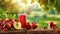 vibrant apple juice resting on a rustic wooden table