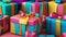 Vibrant Array of Colorful Presents with Bows for Your Birthday Bash - Group of Festive Gift Boxes Ready to Spark Joy.