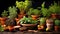 A vibrant array of fresh herbs and spices in small clay pots