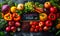 Vibrant array of fresh organic produce surrounding a chalkboard with Organic Food written, showcasing a variety of fruits