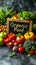 Vibrant array of fresh organic produce surrounding a chalkboard with Organic Food written, showcasing a variety of fruits