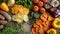 A vibrant array of root vegetable chips displayed alongside fresh bell peppers, tomatoes, garlic, and herbs on a wooden surface