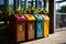 A Vibrant Array of Trash Cans Adorned Next to an Urban Structure