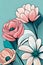 vibrant and artistic flowers artwork. cartoon drawing of pastel bright flowers. botanical floral background wallpaper. teal pink