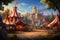 Vibrant artwork showcasing a lively circus scene featuring numerous circus tents and performers, A vintage circus populated with