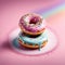 Vibrant assortment of colorful donuts stacked on plate, tempting, delicious treats. For advertise cafe, pastry shop