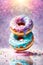 Vibrant assortment of colorful donuts stacked on plate, tempting, delicious treats. For advertise cafe, pastry shop