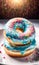 Vibrant assortment of colorful donuts stacked on plate, tempting, delicious treats. For advertise cafe, pastry shop