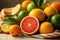 A vibrant assortment of juicy oranges and limes neatly piled on a wooden table, Close up of bright organic citrus fruits on a