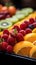 Vibrant assortment up close view of sliced fresh fruits in iconic La Boqueria market, Barcelona