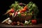 A vibrant assortment of various types of fresh vegetables, neatly arranged in a basket, An overflowing basket of fresh, organic