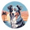 Vibrant Australian Shepherd Dog Illustration With Tropical Symbolism
