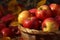 Vibrant autumn display, basket of red organic apples with yellow leaves