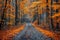 Vibrant autumn forest pathway with fallen leaves and rich golden hues. AI generated.