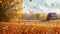 Vibrant Autumn Leaves Blanketing a Field, Autumn leaves gently falling in the background of a farm on Thanksgiving day, AI