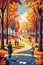 Vibrant Autumn Park Scene with People Enjoying Fall Colors