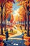 Vibrant Autumn Park Scene with People Enjoying Fall Colors