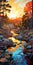 Vibrant Autumn Sunset Painting: Sublime Wilderness With Stream, Rocks, And Birch Trees