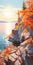 Vibrant Autumn Trees On Rocks: 8k Resolution Cabincore Painting