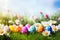 Vibrant background with eggs, flowers, and ample copy space