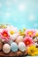 Vibrant background with eggs, flowers, and ample copy space