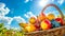 A vibrant basket filled with fresh fruits under the bright, sunny sky